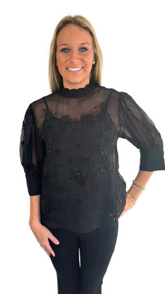 Farm Rio Beaded Black Blouse